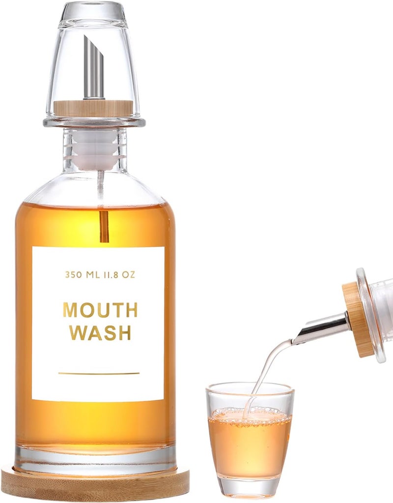 BONLONG 11.8OZ Glass Mouthwash Dispenser for Bathroom with Stainless Steel & Bamboo Nozzle, Mouthwash Cup Reusable, Bamboo Tray, and Elegant Gold Sticker.（Clear - Image 1